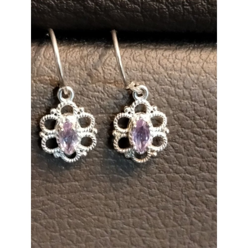 Silver Lavender Pink Flower Earrings Hook Drop Dangle Small Rhinestone